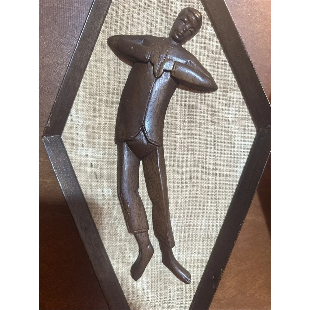 Vintage Mid Century Style Carved Wall Art Burlap Teak Wood 24